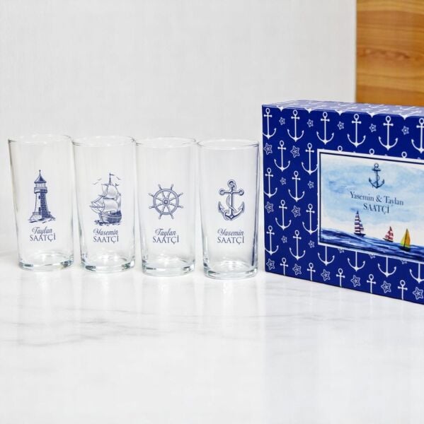 Denizci Motifli Hediyelik Kutulu İsim Baskılı Dörtlü Rakı Bardak Set