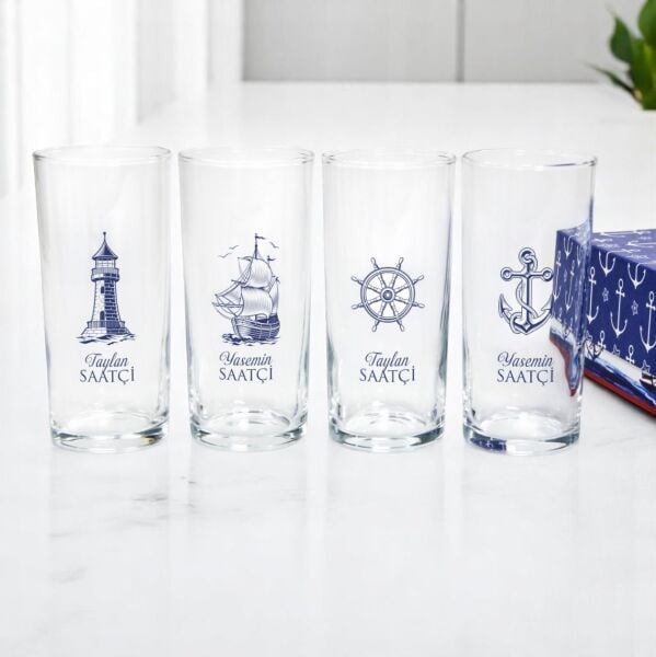 Denizci Motifli Hediyelik Kutulu İsim Baskılı Dörtlü Rakı Bardak Set