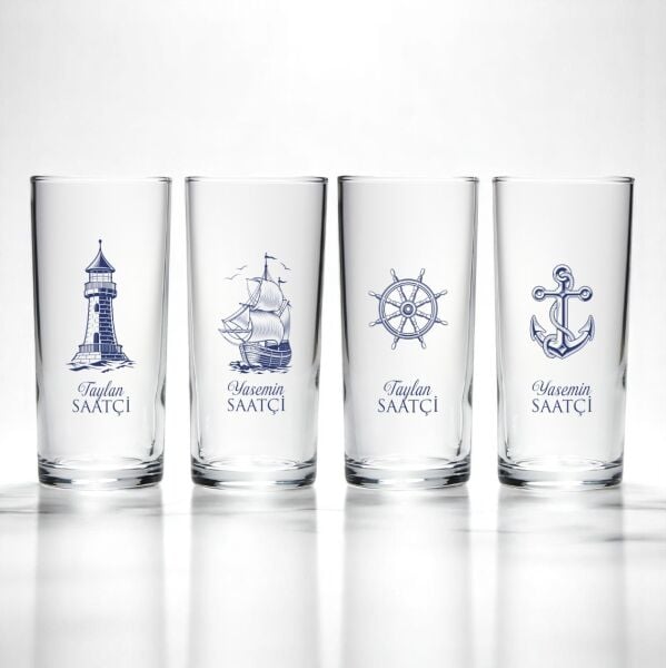 Denizci Motifli Hediyelik Kutulu İsim Baskılı Dörtlü Rakı Bardak Set