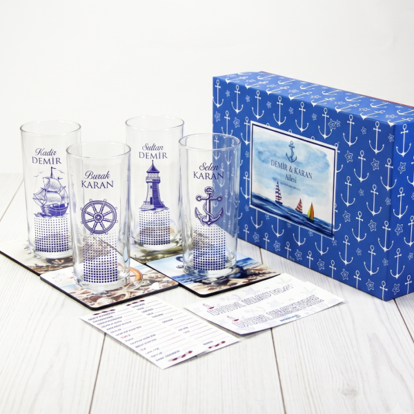 Denizci 4'lü Özel Kutulu Rakı Bardağı Set - Bardak altlıkları