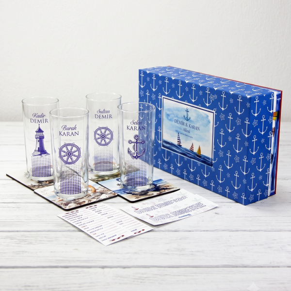 Four Marine Denizci Rakı Bardağı Set - Bardak altlıkları - Hediyelik Kutu