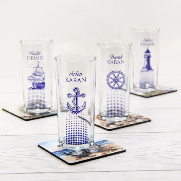 Four Marine Denizci Rakı Bardağı Set - Bardak altlıkları - Hediyelik Kutu