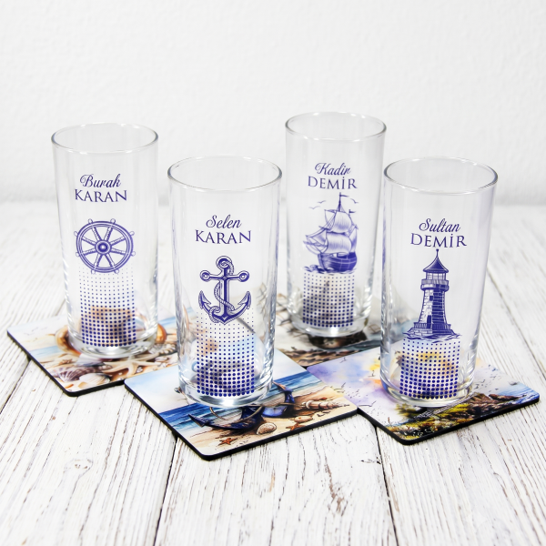 Four Marine Denizci Rakı Bardağı Set - Bardak altlıkları - Hediyelik Kutu