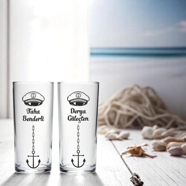 Kaptan Şapka ve Çapa Figürlü İsim Baskılı İkili Rakı Bardağı