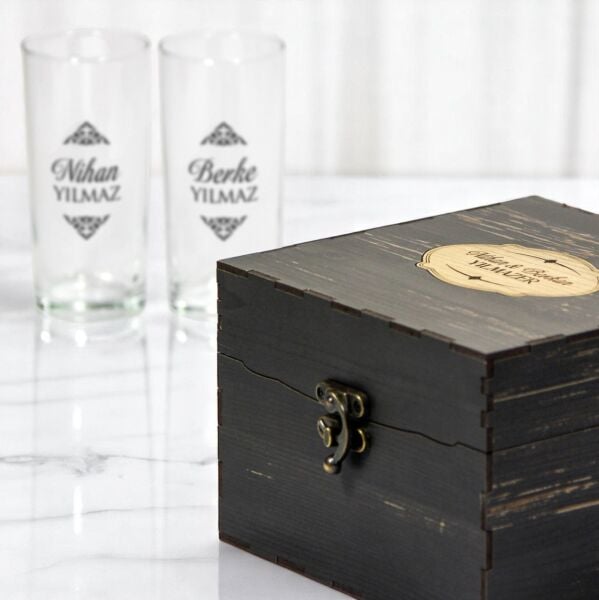 Oldy Ahşap Kutulu Rakı Bardakları - Kutu ve Bardaklarda İsim Baskılı