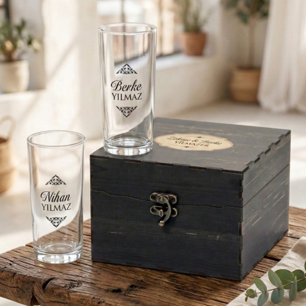 Oldy Ahşap Kutulu Rakı Bardakları - Kutu ve Bardaklarda İsim Baskılı