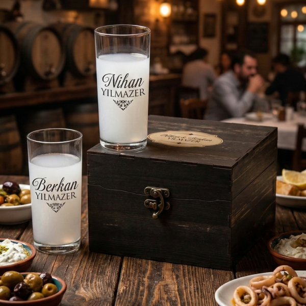 Oldy Ahşap Kutulu Rakı Bardakları - Kutu ve Bardaklarda İsim Baskılı