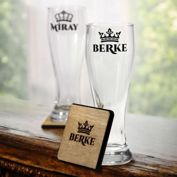 Kişiye Özel Baskılı Bira Bardağı ve Ahşap Bardak Altlığı