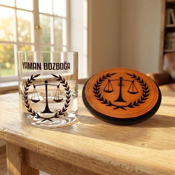 Avukat, Savcı ve Hakimlere Özel Viski Bardağı ve Ahşap Altlık Seti