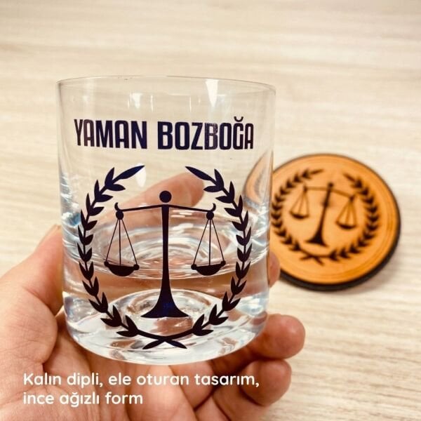 Avukat, Savcı ve Hakimlere Özel Viski Bardağı ve Ahşap Altlık Seti