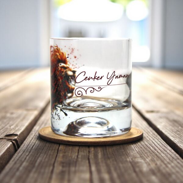 Aslan Figürlü Viski Bardağı ve Ahşap Altlık