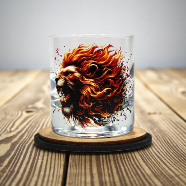 Aslan Figürlü Viski Bardağı ve Ahşap Altlık