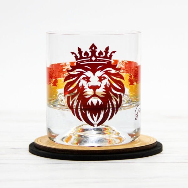 Aslan Figürlü Viski Bardağı ve Ahşap Altlık