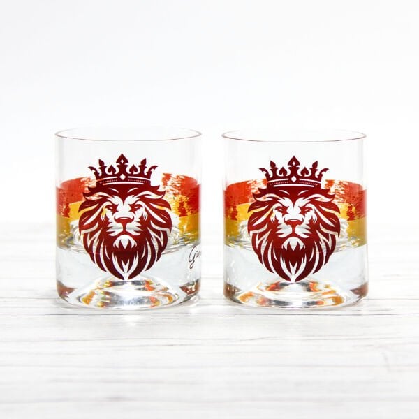 Aslan Figürlü Viski Bardağı ve Ahşap Altlık