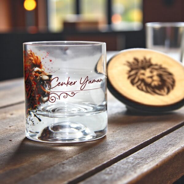 Aslan Figürlü Viski Bardağı ve Ahşap Altlık