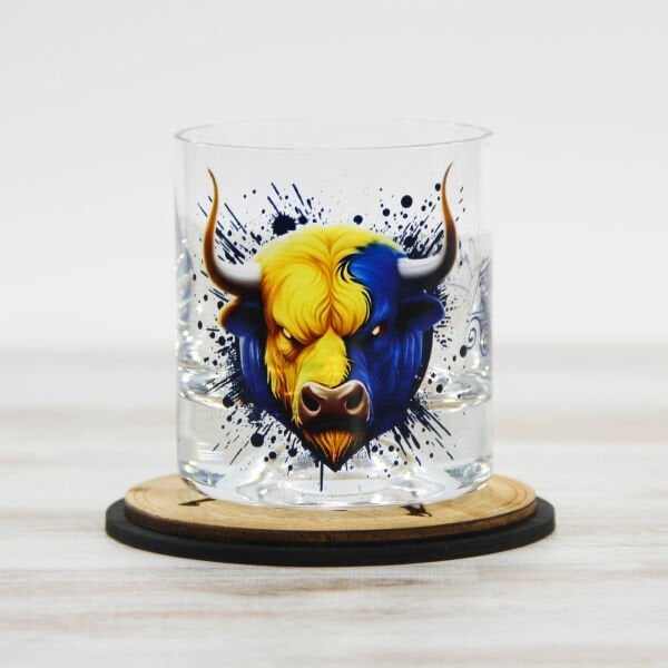 Sarı Lacivert Boğa Figürlü İsim Baskılı Viski Bardağı