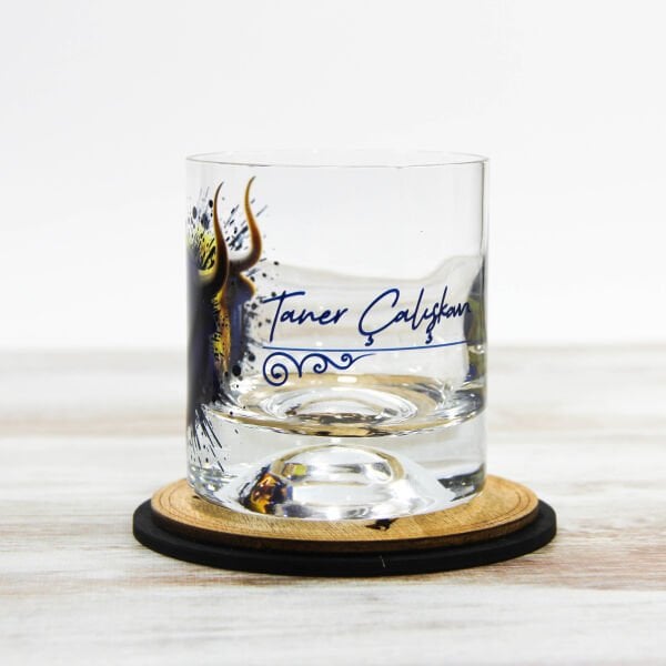 Sarı Lacivert Boğa Figürlü İsim Baskılı Viski Bardağı