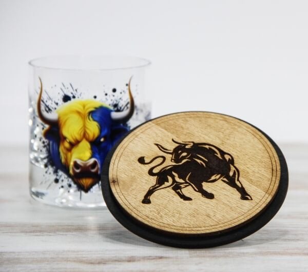 Sarı Lacivert Boğa Figürlü İsim Baskılı Viski Bardağı