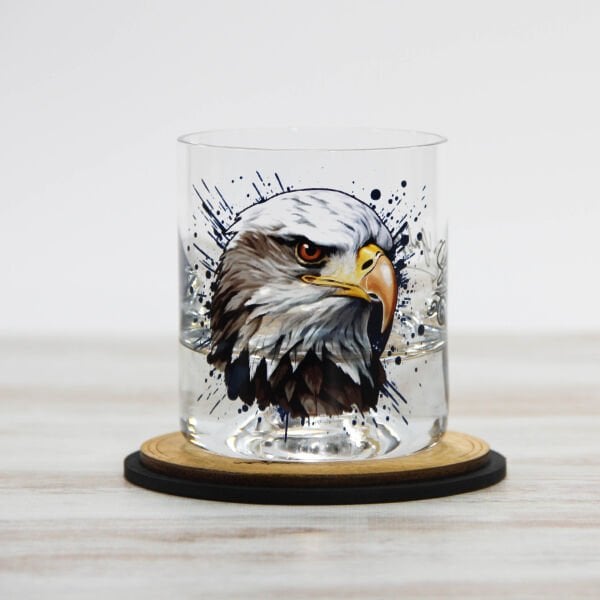 Kartal Figürlü Viski Bardağı ve Ahşap Altlığı
