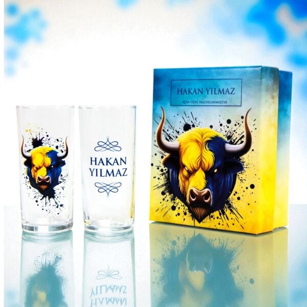 Sarı Lacivert Boğa Figürlü İsim Baskılı Rakı Bardakları