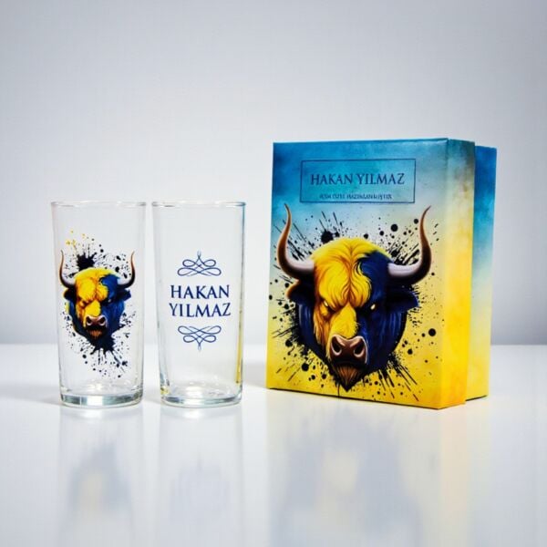 Sarı Lacivert Boğa Figürlü İsim Baskılı Rakı Bardakları