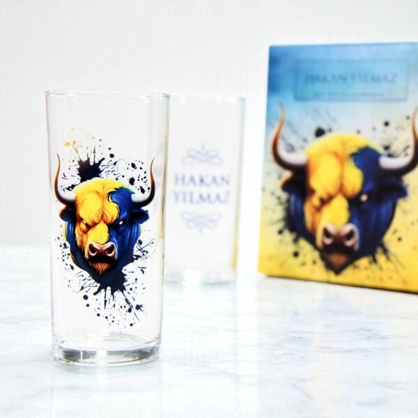 Sarı Lacivert Boğa Figürlü İsim Baskılı Rakı Bardakları