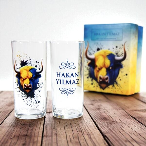 Sarı Lacivert Boğa Figürlü İsim Baskılı Rakı Bardakları