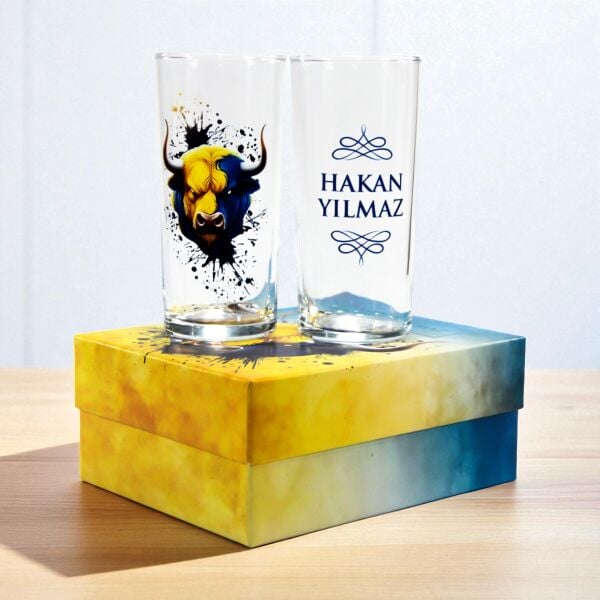 Sarı Lacivert Boğa Figürlü İsim Baskılı Rakı Bardakları