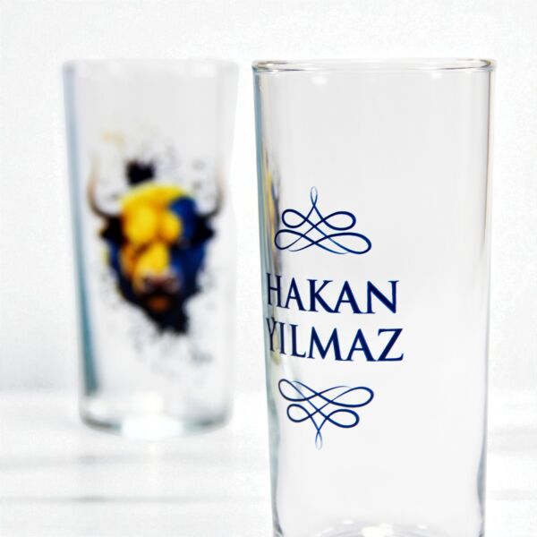 Sarı Lacivert Boğa Figürlü İsim Baskılı Rakı Bardakları