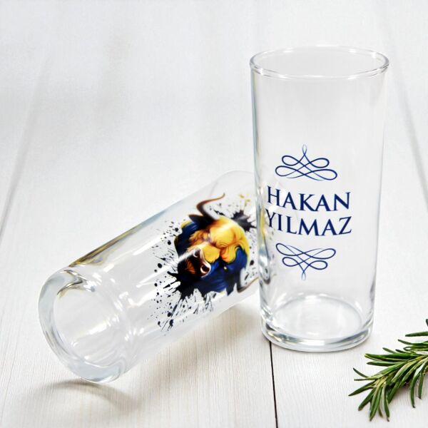 Sarı Lacivert Boğa Figürlü İsim Baskılı Rakı Bardakları