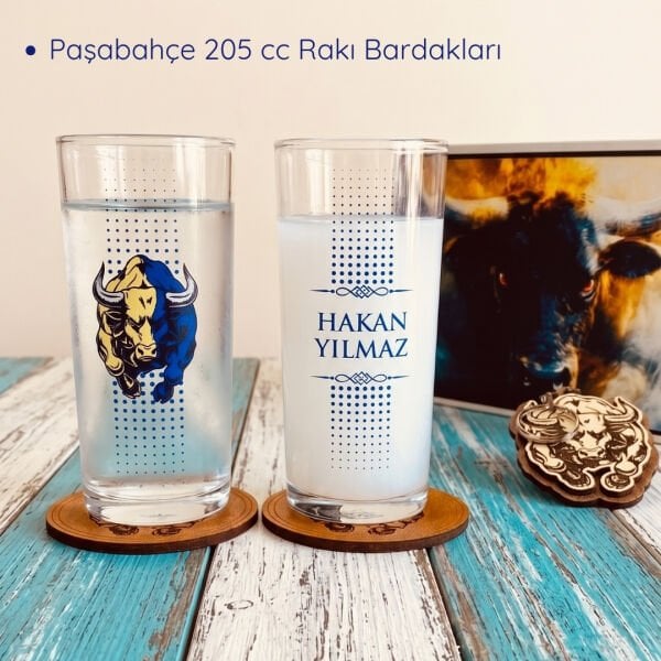 Sarı Lacivert Boğa Figürlü İsim Baskılı Rakı Bardakları