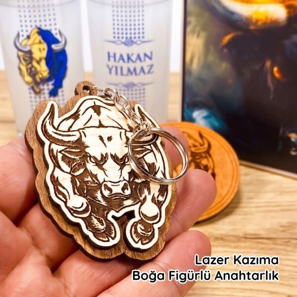 Sarı Lacivert Boğa Figürlü İsim Baskılı Rakı Bardakları