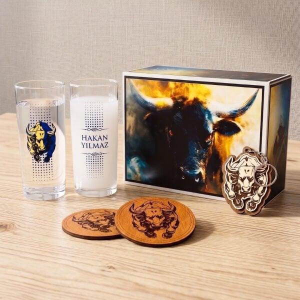 Sarı Lacivert Boğa Figürlü İsim Baskılı Rakı Bardakları