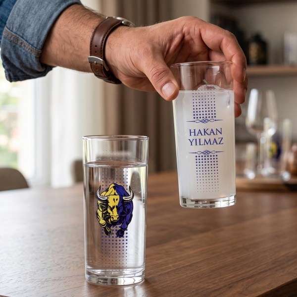 Sarı Lacivert Boğa Figürlü İsim Baskılı Rakı Bardakları