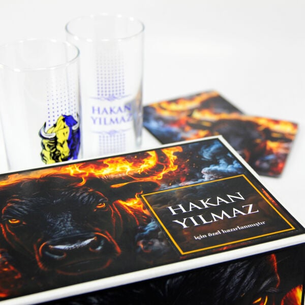 Sarı Lacivert Boğa Figürlü İsim Baskılı Rakı Bardakları