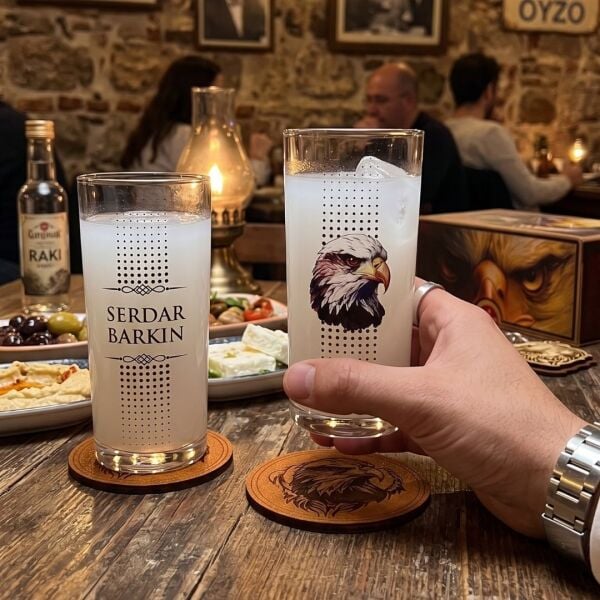 Kartal Figürlü İsim Baskılı İkili Rakı Bardağı - Anahtarlık Hediyeli