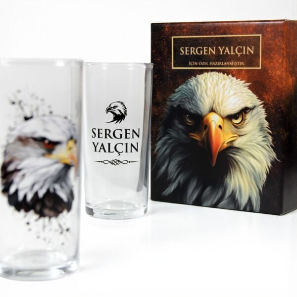 Kartal Figürlü İsim Baskılı İkili Rakı Bardağı
