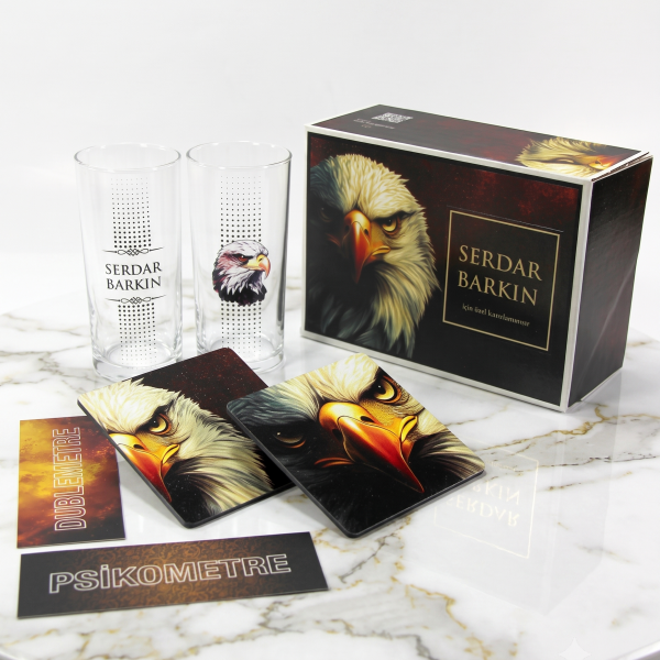 Kartal Figürlü İsim Baskılı İkili Rakı Bardağı - Anahtarlık Hediyeli