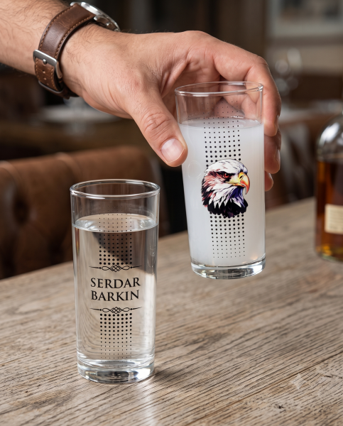 Kartal Figürlü İsim Baskılı İkili Rakı Bardağı - Bardak Altlığı Hediyeli