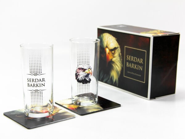 Kartal Figürlü İsim Baskılı İkili Rakı Bardağı - Bardak Altlığı Hediyeli