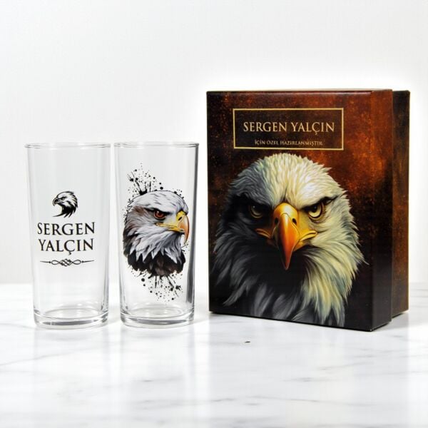 Kartal Figürlü İsim Baskılı İkili Rakı Bardağı