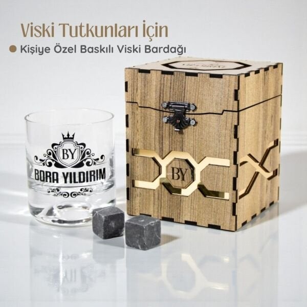 Ahşap Kutulu Özel Baskılı Paşabahçe Viski Bardağı