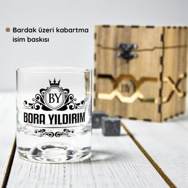 Ahşap Kutulu Özel Baskılı Paşabahçe Viski Bardağı
