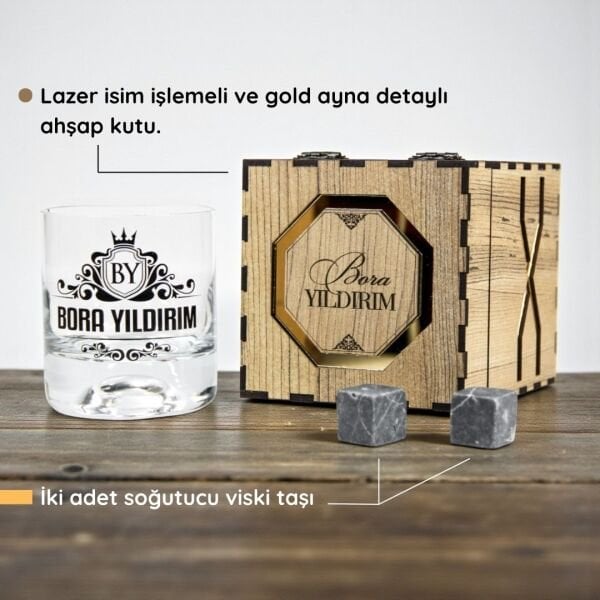 Ahşap Kutulu Özel Baskılı Paşabahçe Viski Bardağı