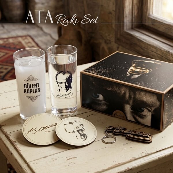 Atatürk Rakı Bardağı Hediyelik Set - Özel İsim Baskılı