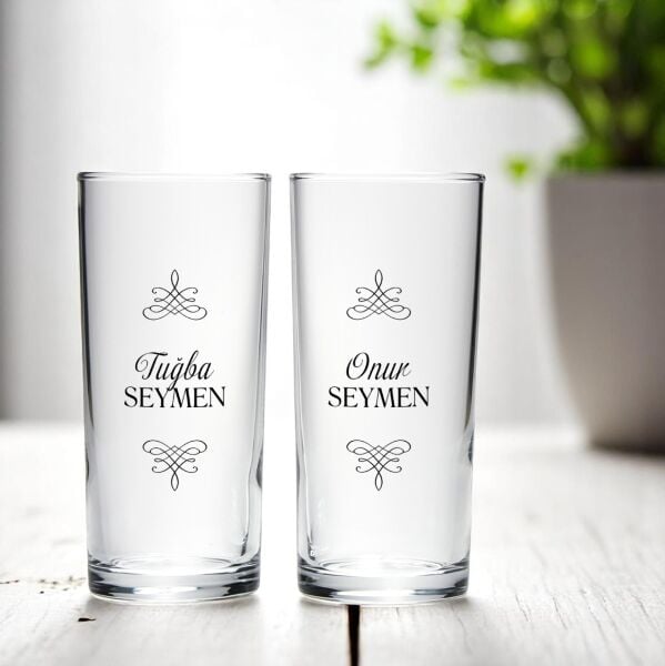 Motifli ve Sade Tasarım İsim Baskılı İkili Rakı Bardakları