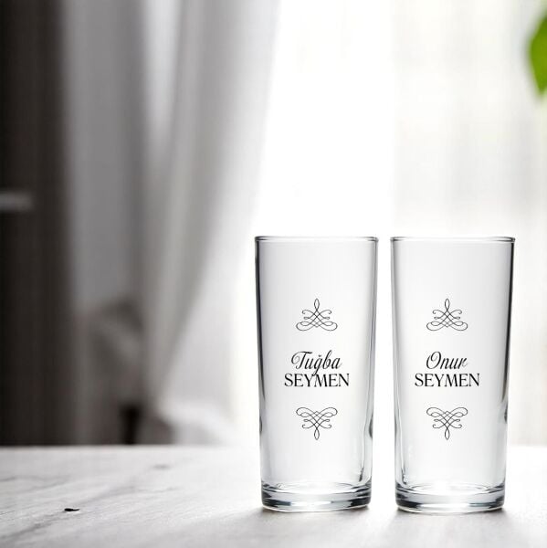 Motifli ve Sade Tasarım İsim Baskılı İkili Rakı Bardakları