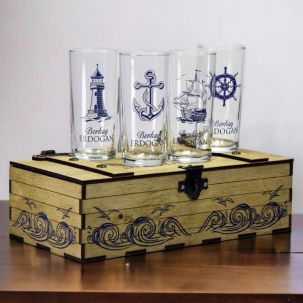Ahşap Kutulu Denizcilere Özel 4'lü Rakı Bardak Set