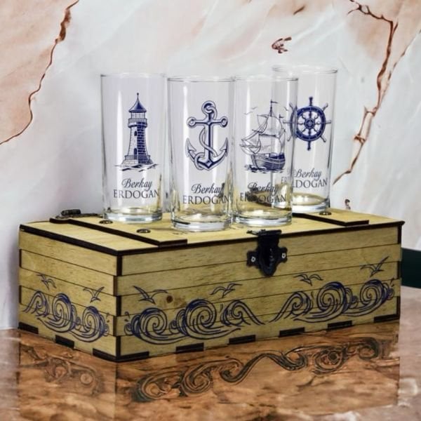 Ahşap Kutulu Denizcilere Özel 4'lü Rakı Bardak Set