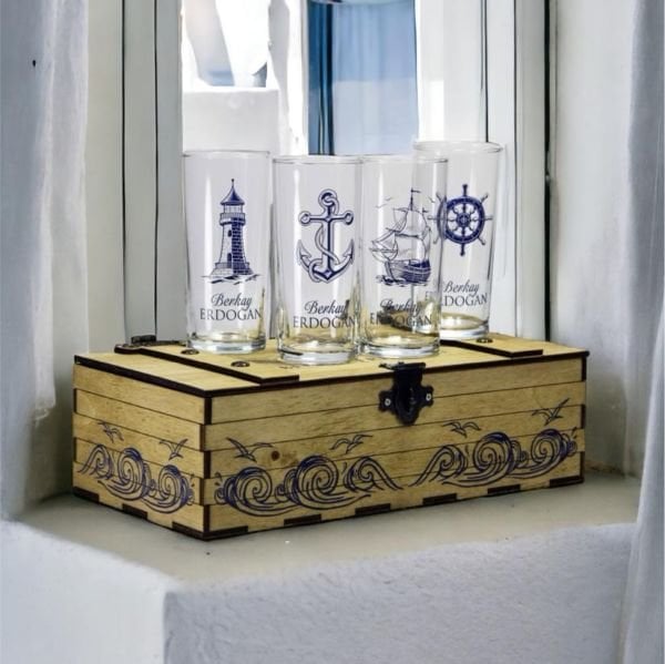 Ahşap Kutulu Denizcilere Özel 4'lü Rakı Bardak Set